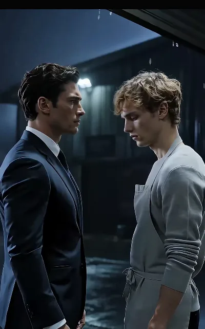 The rainy-eave standoff: Kalen in a dark suit watching coldly, Eli in his apron with his head down — the marriage’s tension staged across one doorway of rain (ep3)