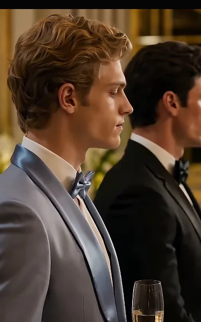 Eli in an ice-blue formal bow tie with champagne in hand, banquet guests blurred behind him — the polished surface of episode four (ep4)