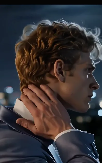 Eli with a hand at the back of his neck, side profile against night bokeh in a pale gray-blue suit — the weight of the evening settling in (ep4)