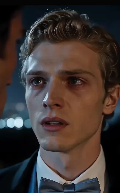 Eli tear-streaked in close-up, silver-gray bow tie and outdoor night bokeh — the break finally reaching his face (ep4)