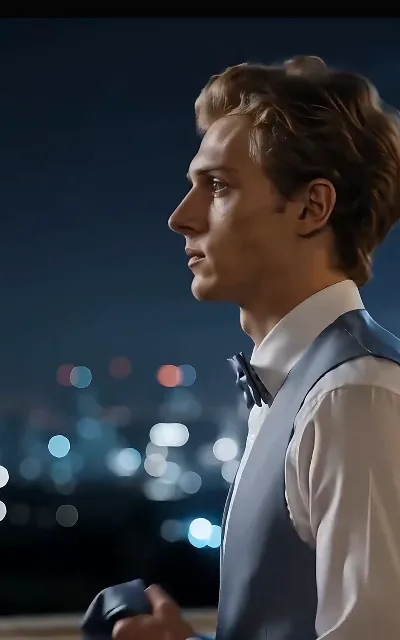 Eli in side profile with a pocket square, night-city bokeh behind him and the composure quietly back in place — and the source of his avatar (ep4)
