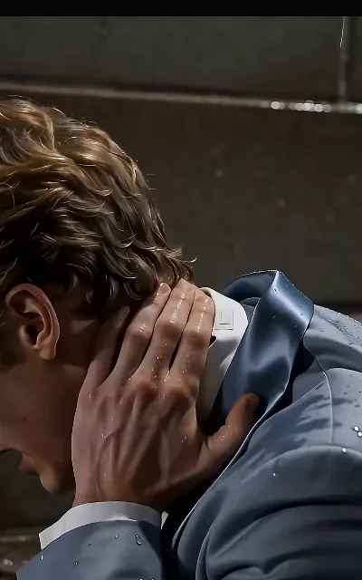 Eli under the rain in a haze-blue suit, hand at the back of his neck, droplets beading on his shoulders — the rainy night opening (ep5)