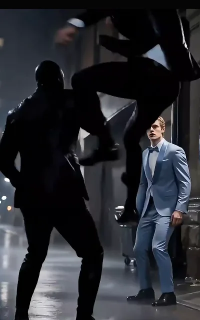 A rain-alley fight: two men in black suits trading kicks while Eli watches in formal wear, outwardly calm — the free block’s one action beat, staged exactly as shot; neither fighter is named by the frame, each stays unnamed (ep5; action frame as aired, not amplified)
