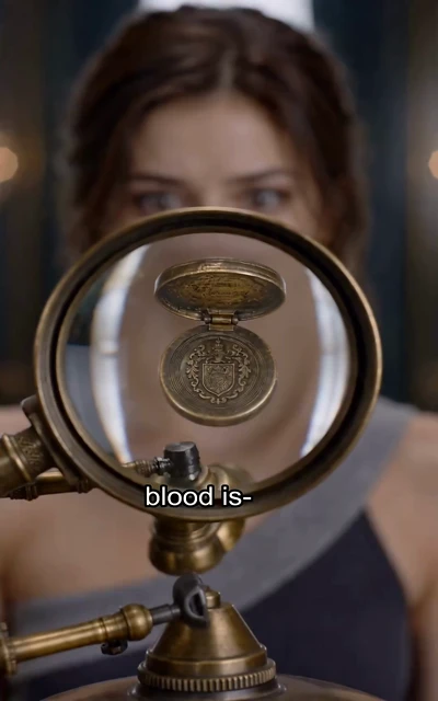 Episode 16 frame: 'blood is-' — bloodline revelation under magnifier