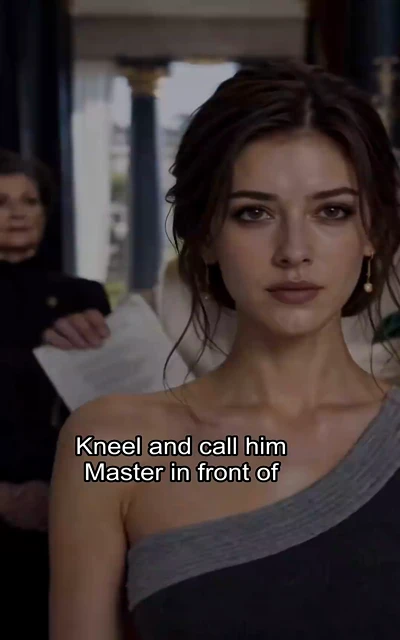 Episode 8 frame: 'Kneel and call him Master in front of' — public humiliation demand