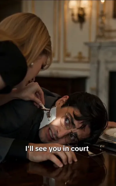 The counterclaim - a man with dark hair and fine gold round frames in a grey suit declaring with cool resolve, the caption I'll see you in court beneath (ep1; subtitles as aired - the defiance line; styling-collision figure sharing the male lead's round-frame look, identity not anchored)