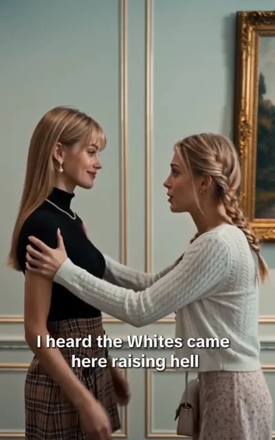 The family clash - a formal parlor with kin mid-dispute under warm lamplight, the caption I heard the Whites came here raising hell beneath (ep1; subtitles as aired - the rival-family clash line, family name as-aired carrier)