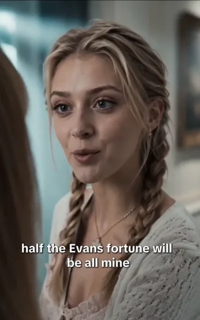 The greed - a gloating close beat over the inheritance table, the caption half the Evans fortune will be all mine beneath (ep1; subtitles as aired - the villain's greed line, family name as-aired carrier)