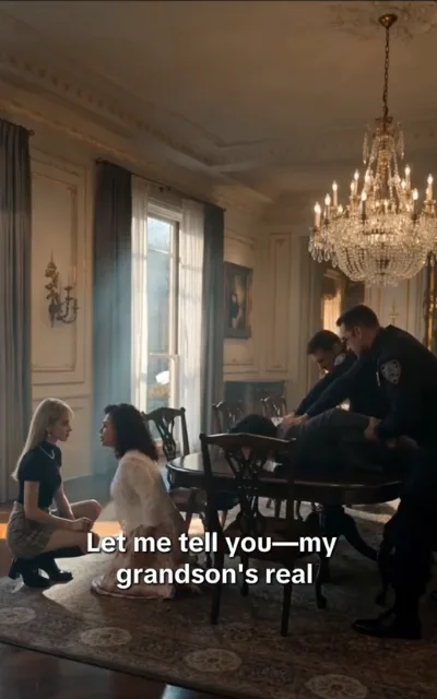 The grandmother's word - an elderly woman in an off-white long robe speaking with a raised hand in a lamplit interior, the caption Let me tell you—my grandson's real beneath (ep1; subtitles as aired - truncated line, no completion supplied; family-elder beat, unnamed)