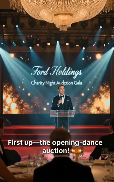 The gala opens - a wide warm-lit ballroom panorama with a giant screen reading Ford Holdings Charity Night Audction Gala behind formally dressed guests, the caption First up—the opening-dance auction! beneath (ep2; subtitles as aired - the auction-gala opening line; background-screen station spelling Audction kept as-aired uncorrected; Ford name as-aired evidence)