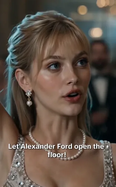 The bid - a young woman with light-blonde hair and airy bangs in a champagne gown with rhinestone sparkle at the center of the auction hall's attention, the caption Let Alexander Ford open the floor! beneath (ep2; subtitles as aired - TOP quote, the five-million-dollar dance bid that opens the revenge marriage; full-name as-aired evidence for the male lead)