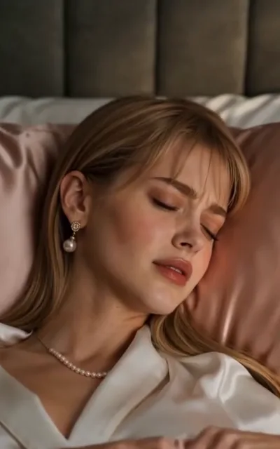 The waking - a young woman with light-blonde hair and airy bangs stirring awake in soft woven homewear on a wide bed, morning light gentle through the room (ep2; waking beat - the woven-homewear daily line of the female lead)