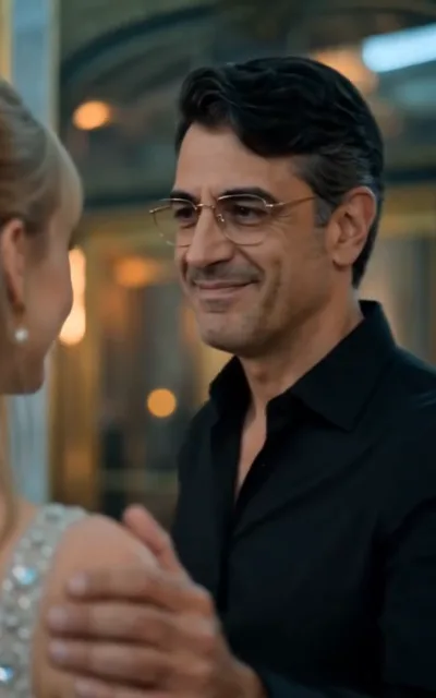 The gala floor - a grand auction-hall interior, a formally dressed couple mid-dance under chandelier light (ep2; auction-scene beat - scene-anchored frame, the dance-partner man unnamed and not used as an avatar source)