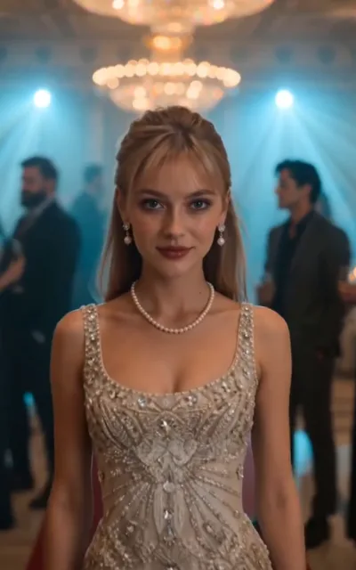 The portrait - a frontal close portrait of a young woman with light-blonde hair and airy bangs in a champagne evening gown with pearl-line accents, gala lights warm behind her (ep3; gala beat - avatar source frame of the female lead, frontal and clean)