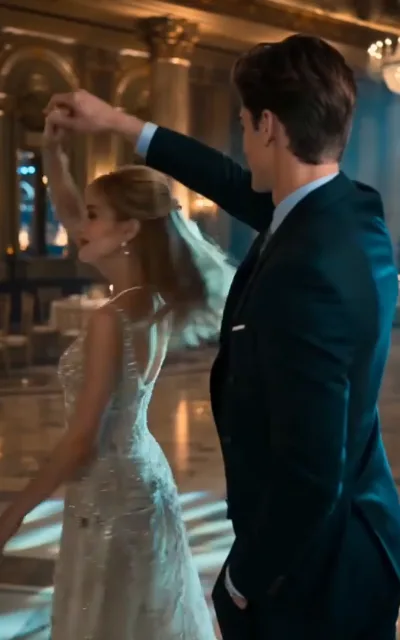 The dance - mid-spin on the auction-hall floor, a champagne-gown woman's skirt flaring as a tall dark-haired man in formal wear holds her in the turn, warm golden bokeh all around (ep3; title scene - HERO frame, the five-million-dollar dance; the male lead shown standing and dancing as-aired)
