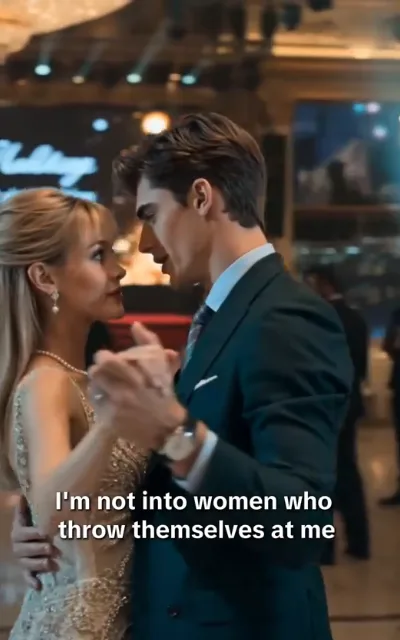 The rebuff - a dark-haired man in formal wear regarding the gala crowd with cool composure, the caption I'm not into women who throw themselves at me beneath (ep3; subtitles as aired - the cold-CEO push-pull line, visual line of the male lead in formal wear)