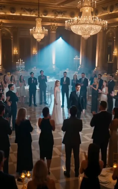 The hall - a wide panorama of the charity gala, chandeliers and warm light over formally dressed crowds around the dance floor (ep3; gala panorama beat - the wide establishing frame)