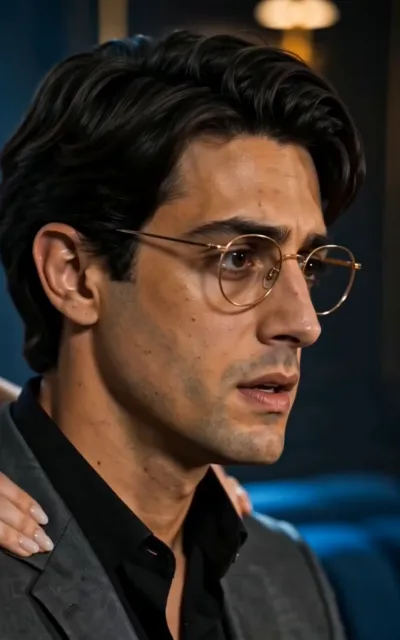 The after-effect - a dark-haired man with gold round glasses slumped in sudden weakness, hands from behind steadying his shoulders, his eyes startled and unfocused (ep4; dark-context frame as aired, not amplified - the drugged-weakness state beat, no process shown; avatar source frame of the male lead, face crop clean)