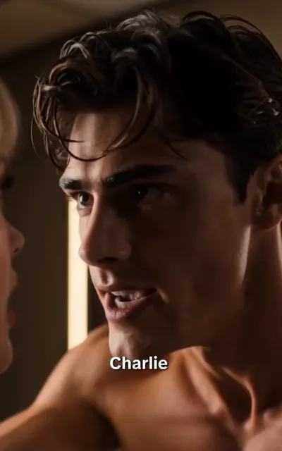 The call - a bare-chested dark-haired man rushing forward in urgent longing, warm low light on his skin, the caption Charlie beneath (ep4; subtitles as aired - the name as-aired evidence, the male lead calls for her; dark-context frame as aired, not amplified - the cuer-bridge urgency beat)