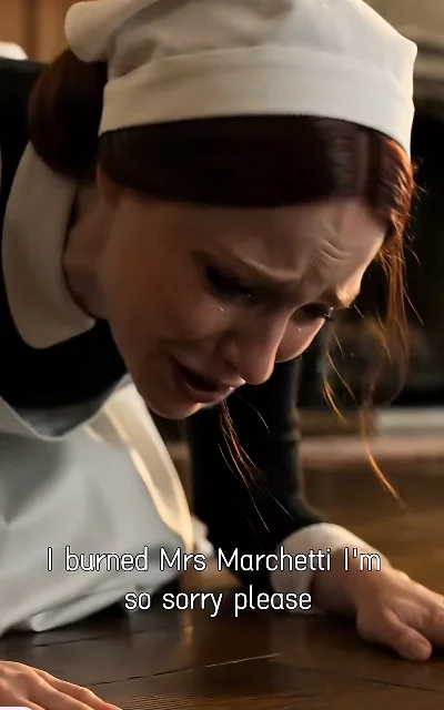 Episode 4 frame: maid pleading, 'I burned Mrs Marchetti I'm so sorry please' — subtitles as aired, protection-of-maid context