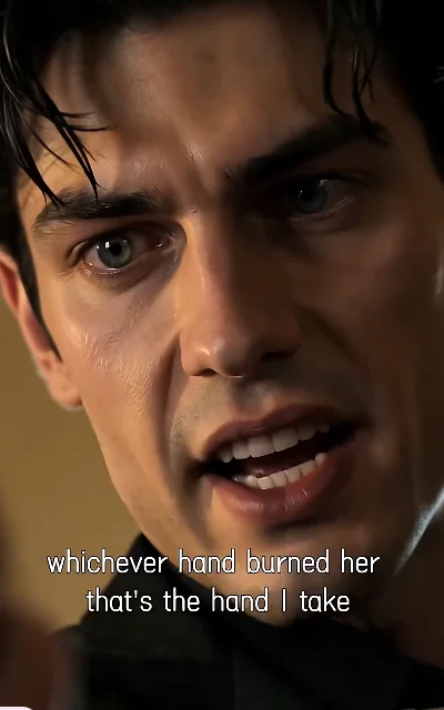 Episode 4 frame: Dante protective, 'whichever hand burned her that's the hand I take' — subtitles as aired, not-amplified