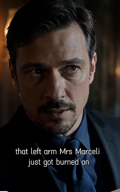 Episode 5 frame: 'that left arm Mrs Marceli just got burned on' — subtitles as aired, name anchor (station spelling)