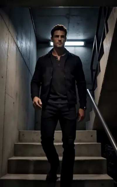 The stairwell, backlit — the man in black descending, the hitman’s presence carried by silhouette alone, nothing shown (ep1)