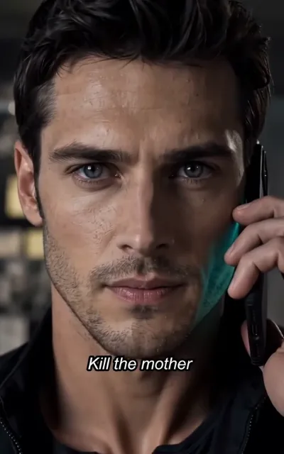 "Kill the mother" — the contract call, Adrian on the phone with his employer; the frame shows a man and a phone, nothing more (ep1, subtitles as aired; contract line quoted once, not reused in page copy)