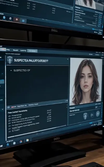 The suspect file — Emma’s ID photo in the system, SUSPECTED OF STEALING CRIMINAL FUNDS spelled across the screen (ep2; plot device, quoted from the frame)
