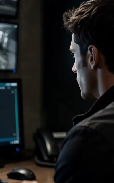 The monitoring desk — a light-brown-haired man at the screens, someone else watching the neighborhood (ep3; unnamed, identity left to the story)