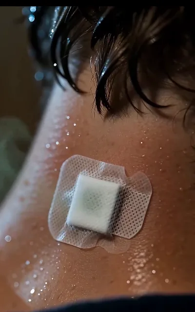A medical patch on the back of a damp-haired neck, water still beading close up — the ABO gland placement and aftercare in one quiet frame (ep1; injury-care frame as aired)