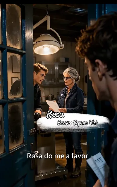 The vet room — a curly-haired figure watching from the foreground while a gloved fair-haired man and Rosa, the senior equine vet, tend to a champion horse: the morning shift of the circuit, and the world where Noah keeps his head down (ep1; Rosa's platform-labeled role as aired)