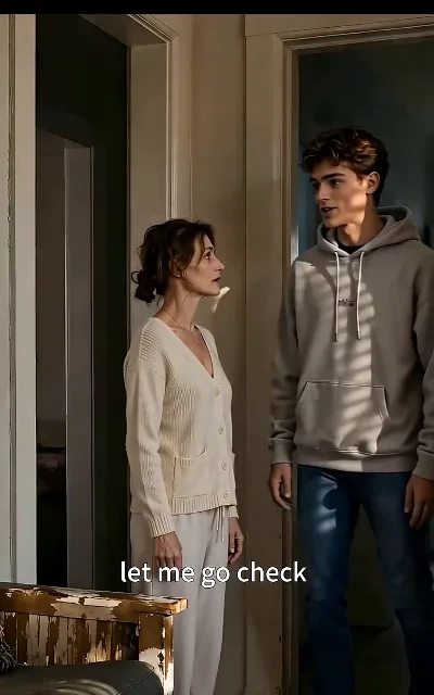 Maggie at home, worry written across her face, while her son in a gray hoodie says he will go check — the family line of the story, quiet and ordinary next to everything it sits beside (ep2)