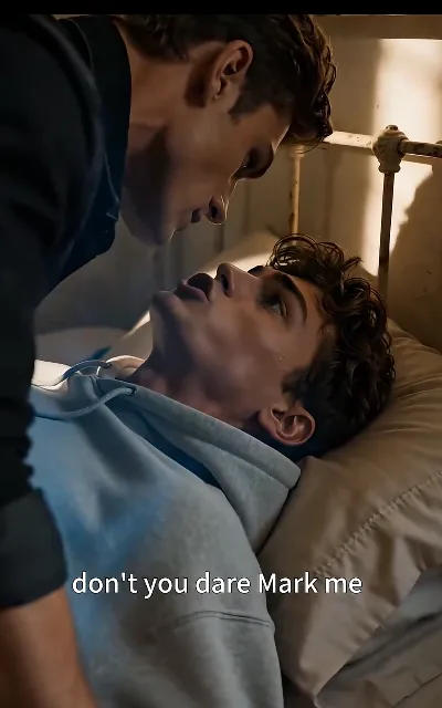 "don't you dare Mark me" — a close-contact struggle on the bed, Noah pinned and pushing back against the dark-shirted figure above him: the ABO marking threat refused in plain words (ep3, subtitles as aired; struggle frame as aired, no explicit content)