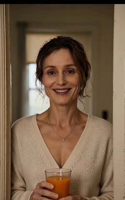 Maggie with a glass of orange juice and a gentle smile — the softest beat of the family line, and the show's reminder of what the double life is for (ep4)