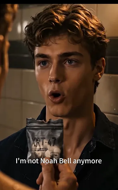 "I'm not Noah Bell anymore." — Noah at the bathroom mirror, sealed XRT-47 packet in hand, white pills visible through the foil: the identity line's thesis frame and the top line of the series (ep6, subtitles as aired; the packet designation is a story prop, not a real brand)