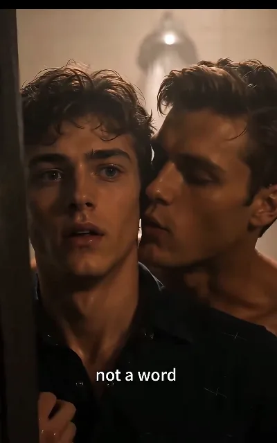 "not a word" — the Alpha leaning in at Noah's ear while the shower runs behind them, Noah wide-eyed and soaked through his open collar: the highest intimate tension of the free run (ep6, subtitles as aired; intimate-tension frame as aired)