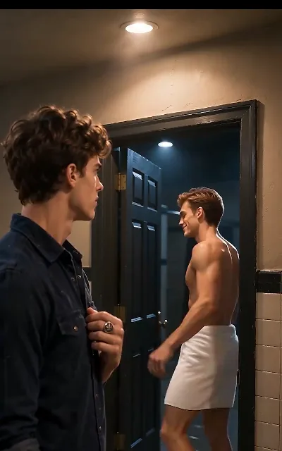 Noah frozen mid-glance while a towel-wrapped man strolls in with a grin — the bathhouse comedy of errors the free run keeps up between its harder beats (ep7)