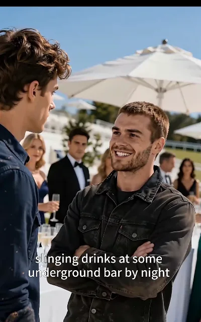 "slinging drinks at some underground bar by night" — the double life spoken out loud at the elite party, both leads holding the same silence while a bearded man in a denim jacket watches from the right (ep8, subtitles as aired; he stays unnamed)