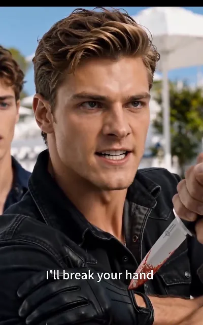 "I'll break your hand." — a bloodied blade in a curled-haired man's grip, a gloved hand holding him back: the threat standoff that closes the free run (ep8, subtitles as aired; threat scene as aired, no graphic detail; he stays unnamed)