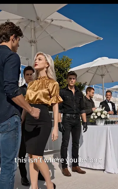 "this isn't where you belong" — a fair-haired woman with security at her back, delivering the circuit's class line to a stable boy in his one good shirt: the expulsion beat of the free run's endgame (ep8, subtitles as aired; she stays unnamed)