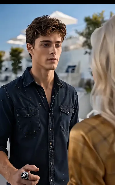 Noah in his navy cowboy shirt, star-ring hand resting calm — the composed face he wears outside the stable: the source of his portrait (ep8)