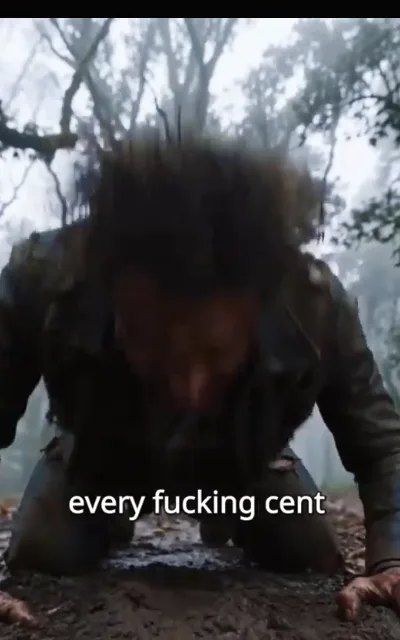 The debt collection — a young woman in a fur-collared coat kneeling in the mud of a wet street, head bowed, hair fallen forward, a suited collector standing over her — “every fucking cent” (ep1; profanity caption as aired, not amplified; station subtitle kept exactly as broadcast, NOT a quote card)