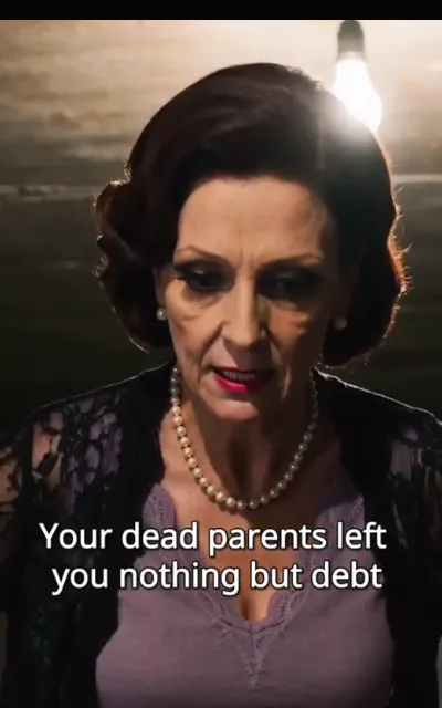 The pearl matriarch — an older woman in vintage dress with a pearl choker and a high-collared blouse, chin tilted in cold satisfaction — “Your dead parents left you nothing but debt” (ep1; subtitles as aired; unnamed family elder, no avatar)
