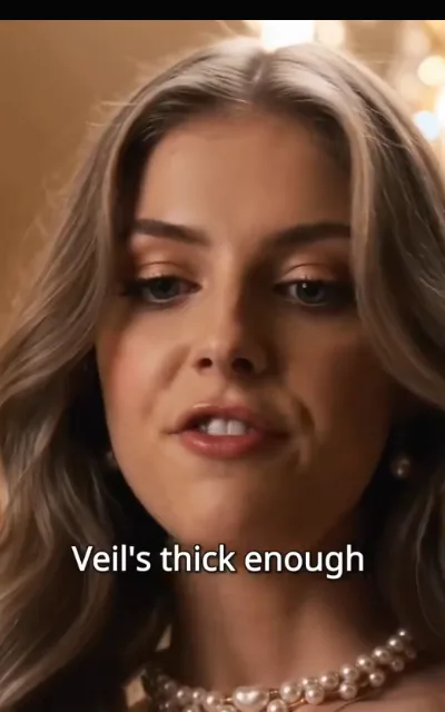 The pearl guest — a woman in soft waves and layered pearls watching the ceremony sideways, expression hard to read — “Veil's thick enough” (ep2; subtitles as aired; unnamed guest, no avatar)