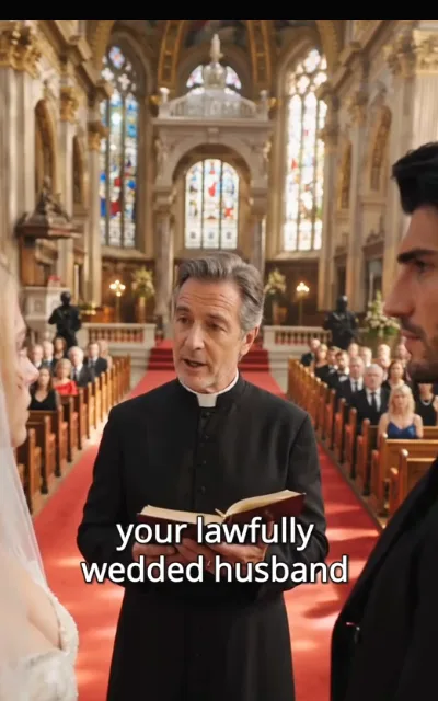 The vows — a church interior washed in candlelight, the priest at the altar with the book open, the dark-suited groom and the veiled bride facing him, faces kept small in the frame — “your lawfully wedded husband” (ep3; HERO SOURCE; QUOTE TOP, subtitles as aired; the forced-marriage thesis line, station subtitle kept exactly as broadcast)