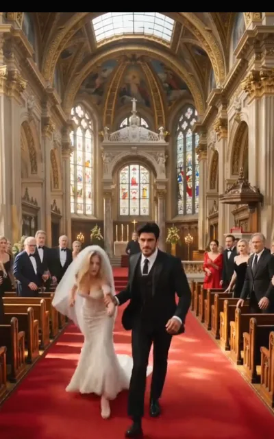 The taking from the church — the groom leading the bride out by the wrist between the pews, the altar candles burning behind them (ep3; atmosphere beat)