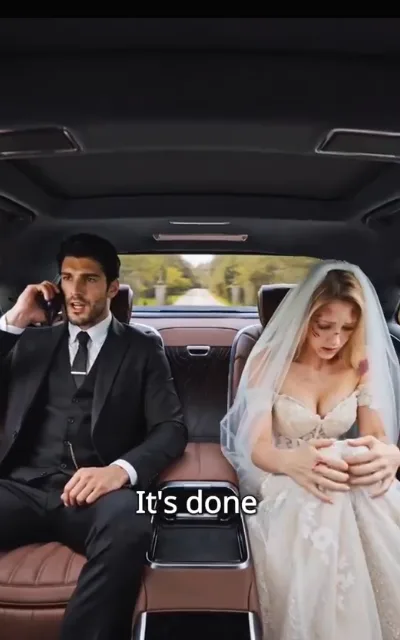 The back seat — the groom in the black sedan taking a call, lit half by the window, the bride beside him with the veil still on and a faint mark at her cheek — “It's done” (ep3; subtitles as aired)
