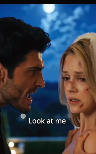The night porch — a hand resting on her shoulder under a cold moon, her face turned away, his bent toward her — “Look at me” (ep4; subtitles as aired)