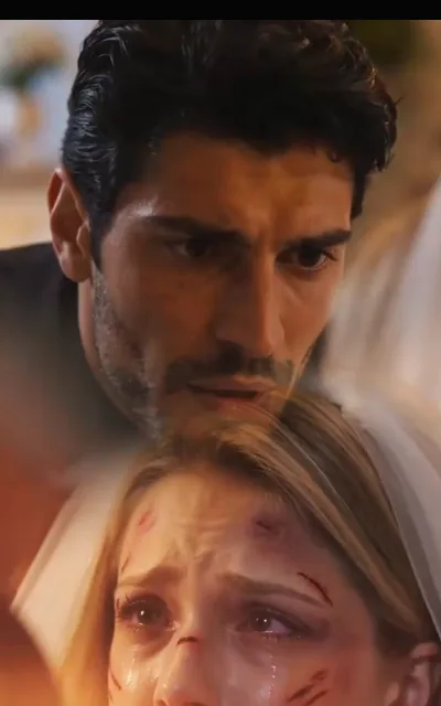 The shelter — his hand curled over her shoulder from behind, her head tipped back against his jaw, both of them still in evening dress (ep5; atmosphere beat — tenderness, nothing more)